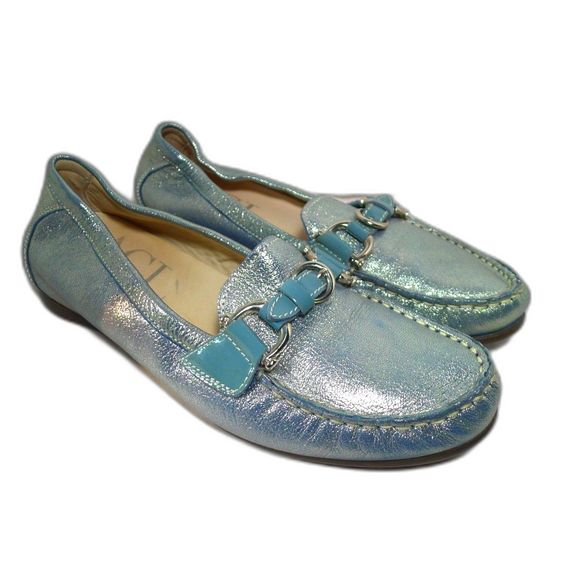 AGL Silver Blue Metallic Leather Loafer 37.5/7.5 - Picture 1 of 9